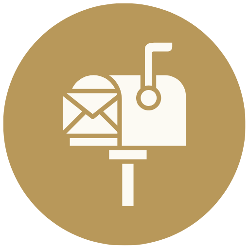 A circular gold icon featuring a white minimalist illustration of a classic curbside mailbox with an envelope inside and the flag raised.