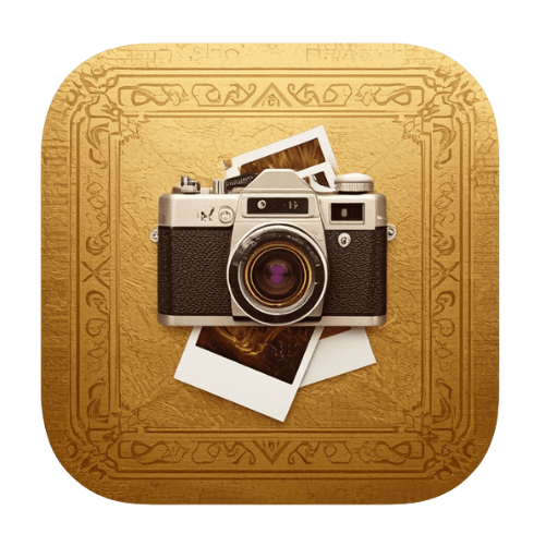 Ornate golden square icon featuring a classic vintage film camera over polaroid photos, representing the gallery section.