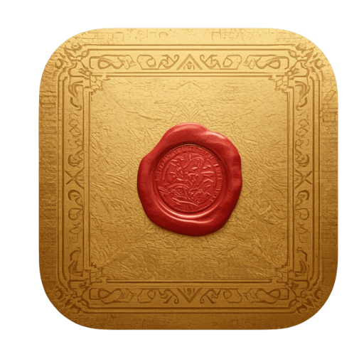 Ornate golden square icon featuring a traditional red wax letter seal in the center, representing mail or contact.