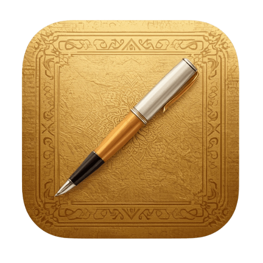 Ornate golden square icon featuring a luxury gold and silver pen lying diagonally, representing the writing or journal section.