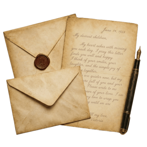 An isolated top-down view of a vintage correspondence set. It includes a handwritten letter dated June 14, 1923, to "My dearest children," beginning, "My heart aches with missing you each day." The letter is paired with an open kraft envelope and a sealed one featuring a brown wax stamp. A classic dark fountain pen rests beside the paper.