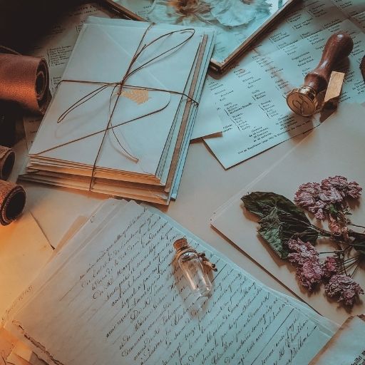 A desk scattered with historical artifacts including a stack of letters tied with string, cursive handwriting sheets, dried flowers, a small glass vial, and a wooden wax seal stamp.