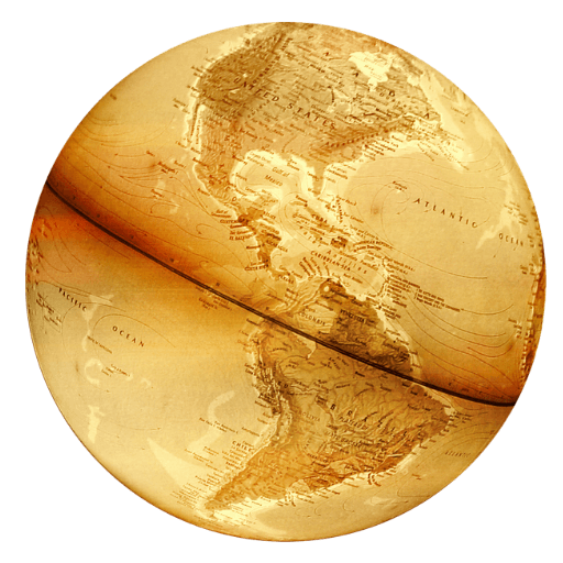 An antique, sepia-toned globe sphere showing North and South America and the Atlantic Ocean, detailed with vintage cartography lines and ocean currents, isolated no background.